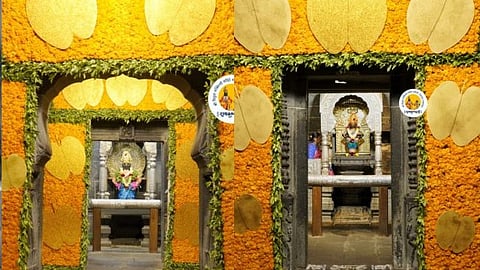 Attractive decoration of marigold flowers to Shree Vitthal-Rukmini temple