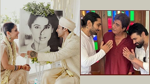 image of Prateik with wife and Raj Babbar with stepbrother arya babbar
