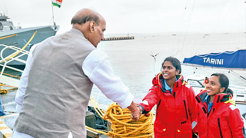 Indian Navy Lieutenant Commander Rupa A. and Lieutenant Commander Dilna K welcomed by Defence Minister Rajnath Singh