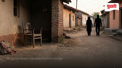 A poignant, documentary-style photograph for a news banner, featuring the entrance of a rustic, adobe brick house in a rural village at sunset. On the dirt ground near a half-open weathered wooden door sits a small school backpack and a pair of blue children's shoes, implying a recent departure. Within the dark, shadowed courtyard, an empty wooden chair stands alone under a dramatic light patch. The top of the frame is a wide white banner, and the bottom a soft dark gradient, framing the scene. In the background, two figures walk away down a quiet village road under a warm, orange sky. The image is horizontal and conveys a sense of quiet absence and rural life.