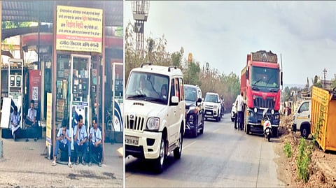 कोल्हापूर : पेट्रोल-डिझेल संपल्याने पंपावर असे कर्मचारी निवांत बसून होते. दुसर्या छायाचित्रात अनेक पंपांवर डिझेलचा तुटवडा असल्याने डिझेलच्या शोधात जाणार्या एका ट्रकचे महामार्गावरच डिझेल संपले. काही काळानंतर एका पंपावरून डिझेल आणून ते ट्रकमध्ये भरण्यात आले.