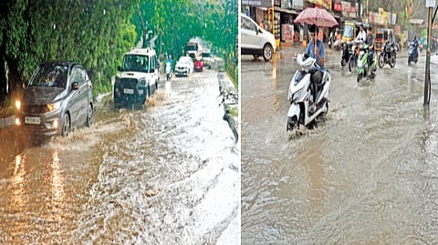कोल्हापूर : शहरात बुधवारी झालेल्या धुवाँधार पावसामुळे रस्त्यांना तळ्याचे स्वरूप आले होते. दुसऱ्या छायाचित्रात शहरातील सखल भागात मोठ्या प्रमाणात पाणी साचले होते. यातून ये-जा करताना दुचाकीस्वारांना कसरत करावी लागत होती.