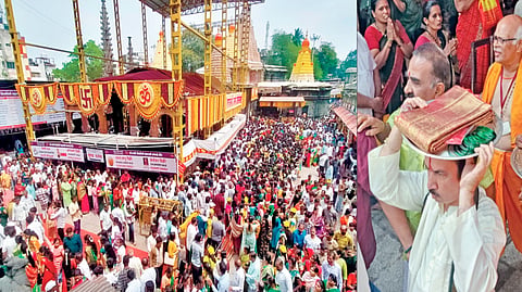 कोल्हापूर : अंबाबाईच्या दर्शनासाठी झालेली गर्दी. दुसऱ्या छायाचित्रात तिरुपती बालाजी देवस्थानकडून अंबाबाईला अर्पण करण्यात आलेल्या मानाच्या शालूची वाजत-गाजत मिरवणूक काढण्यात आली.