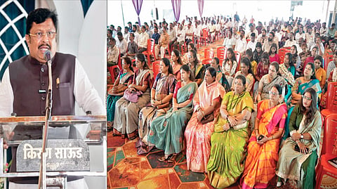 कोल्हापूर : डॉ. स्मिता जाधव यांच्या प्रचारार्थ शिवसेनेच्या वतीने आयोजित मेळाव्यात बोलताना राज्य नियोजन मंडळाचे कार्यकारी अध्यक्ष आमदार राजेश क्षीरसागर. दुसऱ्या छायाचित्रात मेळाव्यास झालेली गर्दी.