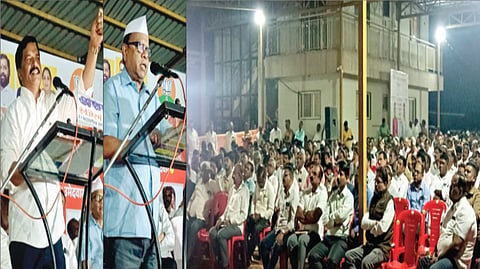 इनाम सावर्डे : येथे आयोजित मेळाव्यात बोलताना आमदार शिवाजी पाटील, माजी आमदार राजेश पाटील. समोर चंदगड, आजरा, गडहिंग्लज तालुक्यांतील उपस्थित मतदार.