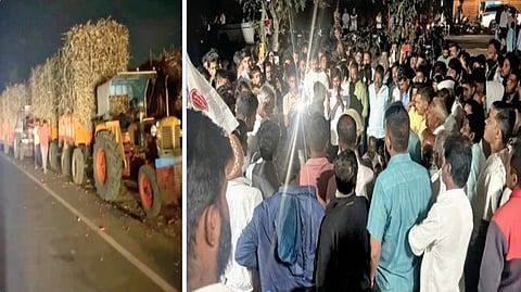 वाठार : उसाला प्रतिटन पाच हजार रुपये दर द्यावा, या मागणीसाठी स्वाभिमानी शेतकरी संघटनेने वाठार येथे शेकडो वाहने अडविली. दुसऱ्या छायाचित्रात जमलेले शेतकरी.