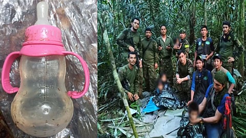 Colombian soldiers with the child survivors of a Cessna 206 plane