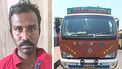 கைது செய்யப்பட்ட நபரும், பறிமுதல் செய்யப்பட்ட மினி லாரியும்