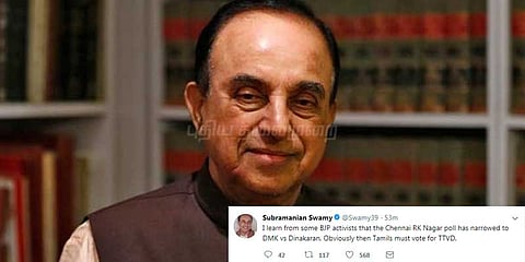 தமிழர்கள் டிடிவி தினகரனுக்கு வாக்களியுங்கள்: சுப்ரமணியன் சுவாமி ட்வீட்