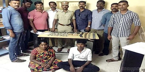 பிரபல கஞ்சா வியாபாரி கைது - ஒரு கிலோ கஞ்சா, 4 அரிவாள் பறிமுதல்