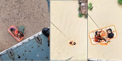 வீட்டை சூழ்ந்தது வெள்ளம்: அசந்த பாட்டியை அசத்தலாக மீட்ட விமானப்படை- வீடியோ