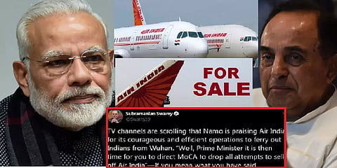 ‘பாராட்டுவதென்றால் ஏர் இந்தியாவை விற்கவேண்டாமென சொல்லுங்கள்’: பிரதமருக்கு சுப்பிரமணியன் சுவாமி அறிவுறுத்தல்