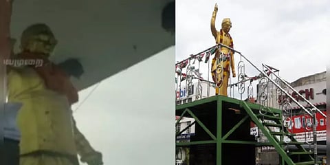 எம்.ஜி.ஆர் சிலை மீது காவித்துண்டு : புதுச்சேரியில் சலசலப்பு