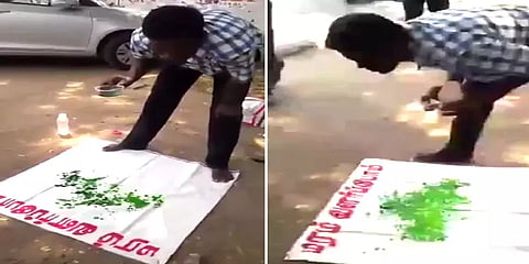 வண்ணங்களை வாயால் கொப்பளித்து விதவிதமான படங்களை வரைந்து அசத்தும் ஓவிய ஆசிரியர்