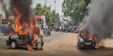 காரைக்குடி: நடுரோட்டில் திடீரென தீ பிடித்து பற்றி எரிந்த கார்