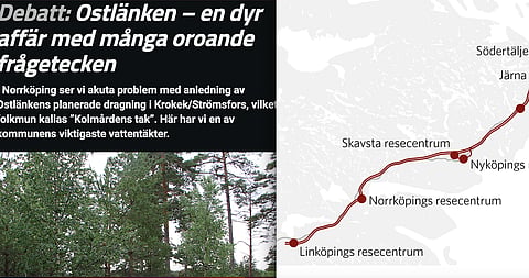 Till vänster – SD-politikernas debattartikel i Norrköpings Tidning. Till höger – skiss över den planerade järnvägen Ostlänkens sträckning.