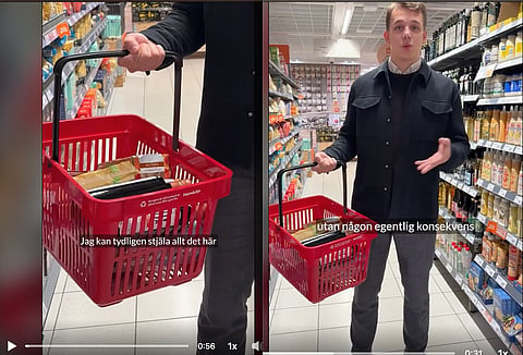 Marcus Larsson på branschorganisationen Företagarna visar i ett filmklipp som delats på sociala medier hur mycket matvaor man kan få med sig utan att kunna dömas för ringa stöld.