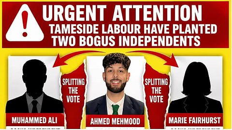 De fem gripna misstänks ha försökt gynna Labour genom att manipulera valsedlar. Varken "Muhammed Ali" eller "Marie Fairhurst" existerar.