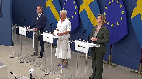 Jacob Forssmed (KD), Anna Tenje (M) och Nina Larsson (L) höll pressträff om äldreomsorgen.
