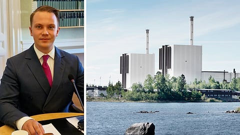 Bild på riksdagsledamoten Tobias Andersson och kärnkraftverket Forsmark