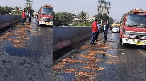 स्वारगेटमधील उड्डाणपूलावर ऑईल सांडल्याने वाहतूक कोंडी...