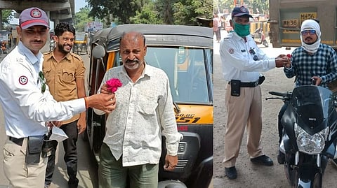 वाहतूक पोलिसांची 'गांधीगिरी', नियम मोडणाऱ्यांचा पुष्पगुच्छ देऊन केला सत्कार...