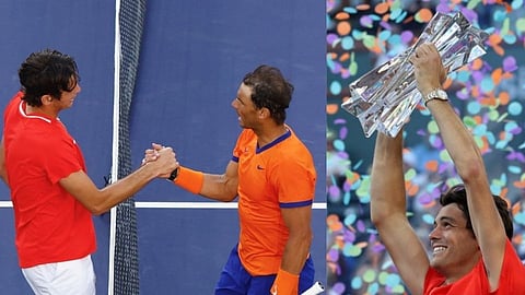 Rafael Nadal Congrulating Taylor Fritz After Winning Indian Wells Trophy.