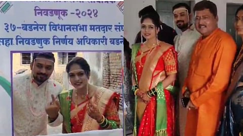 groom and bride voting after marriage