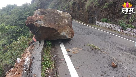 big stone falls on road near amboli ghat waterfall