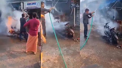 ബൈക്കിന് തീപിടിച്ചപ്പോള്
