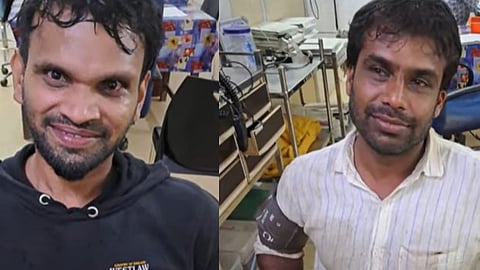 കടലില് കുടുങ്ങിയ മത്സ്യത്തൊഴിലാളികള്. പുലര്ച്ചെ ഒരു മണിക്കാണ് ഇരുവരേയും രക്ഷപെടുത്തിയത്