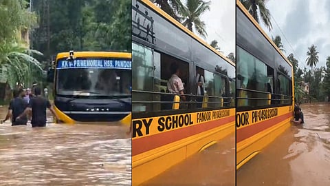 kannur School bus stuck in flood, video