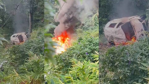 നിയന്ത്രണം വിട്ട് വാഹനം 60 അടി താഴ്ചയിലേയ്ക്ക് മറിഞ്ഞ് തീപിടിച്ചു, രണ്ട് കുട്ടികള് ഉള്പ്പെടെ നാല് പേര്ക്ക് പരിക്ക്-വിഡിയോ