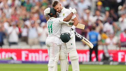 South Africa's Aiden Markram celebrates with Temba Bavuma