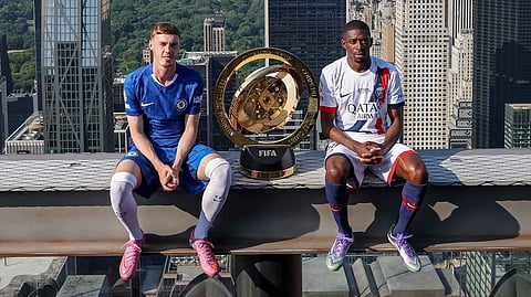 Cole Palmer and Ousmane Dembélé joined the Club World Cup trophy at the Top of the Rock at Rockefeller Center