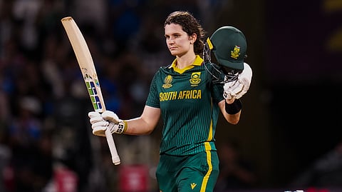 South Africas captain Laura Wolvaardt celebrates her century