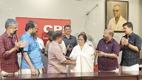 Former BJP councilor I Lalithambika is welcomed into the CPI