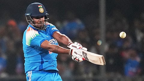 India's Harshit Rana plays a shot during the One Day International cricket match