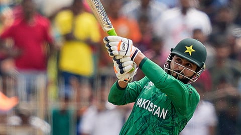 Pakistan's Faheem Ashraf plays a shot during the T20 World Cup cricket match