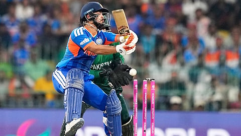 India's Ishan Kishan is bowled out by Pakistan's Saim Ayub during the T20 World Cup cricket match