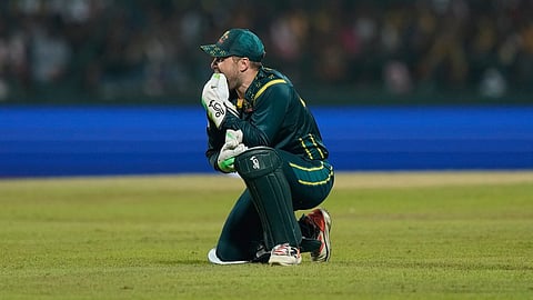 Australia's Josh Inglis reacts after missing a catch opportunity during the T20 World Cup cricket match