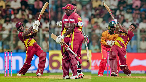 West Indies' Rovman Powell, right, celebrates his half century with Shimron Hetmyer during an ICC Men's T20 World Cup
