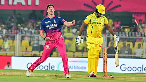 Rajasthan Royals' Nandre Burger celebrates the wicket of Chennai Super Kings' Sanju Samson during their Indian Premier League 2026 match