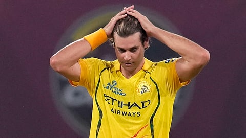 Chennai Super Kings' Spencer Johnson reacts during an Indian Premier League (IPL) 2026 T20 cricket match
