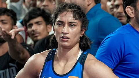 Wrestler Vinesh Phogat during a 53kg category wrestling match