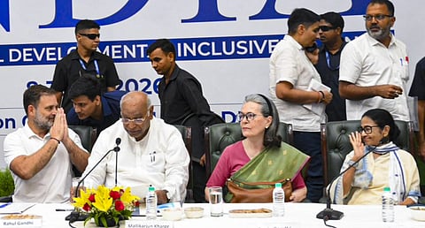 Congress President Mallikarjun Kharge during the INDIA bloc meeting