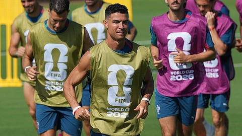Portugal's Cristiano Ronaldo and the men's national soccer team participate in a World Cup training session