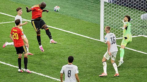 Belgium's Romelu Lukaku (9) heads the ball into the goal for his team's fourth goal during the World Cup Group G soccer match between New Zealand and Belgium