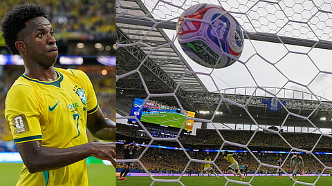 Brazil's Vinicius Junior (7) scores the opening goal during the World Cup Group C soccer match between Scotland and Brazil