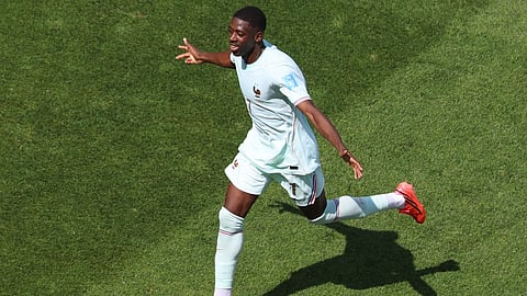 France's Ousmane Dembele (7) celebrates after scoringduring the World Cup Group I soccer match between Norway and France